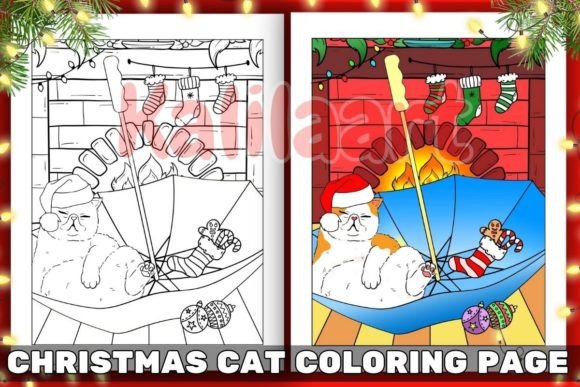Christmas Cat Coloring Page 01