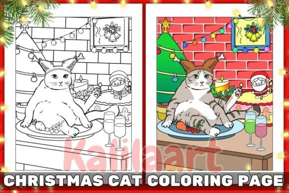Christmas Cat Coloring Page 08 – Relax, Smile, and Create This Holiday Season
