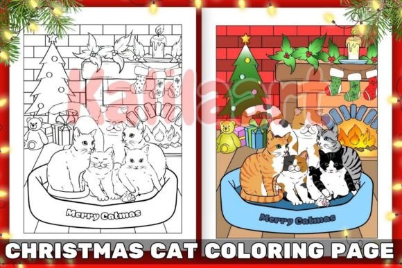 Merry Christmas with Cats Coloring Page