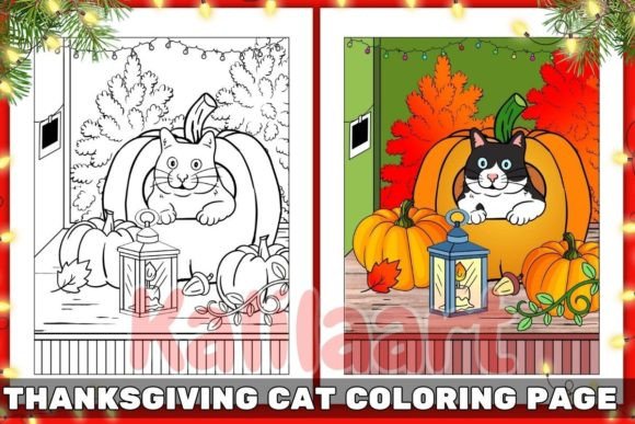 Thanksgiving Cat Coloring Page 06